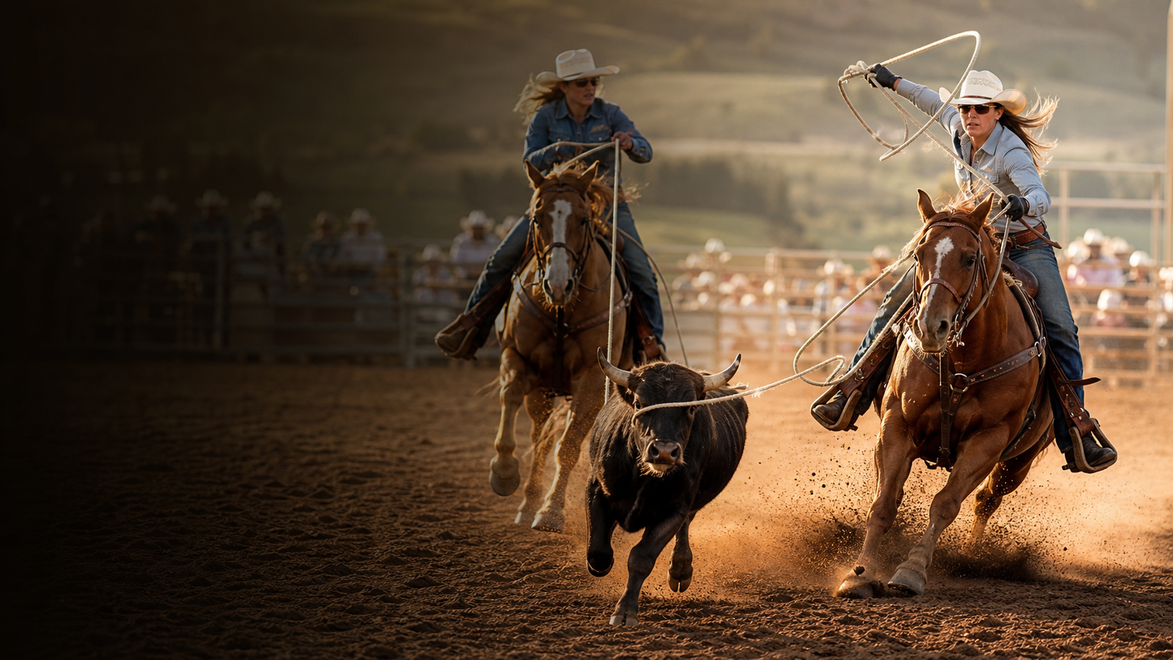 Two women competing together in Team Roping.