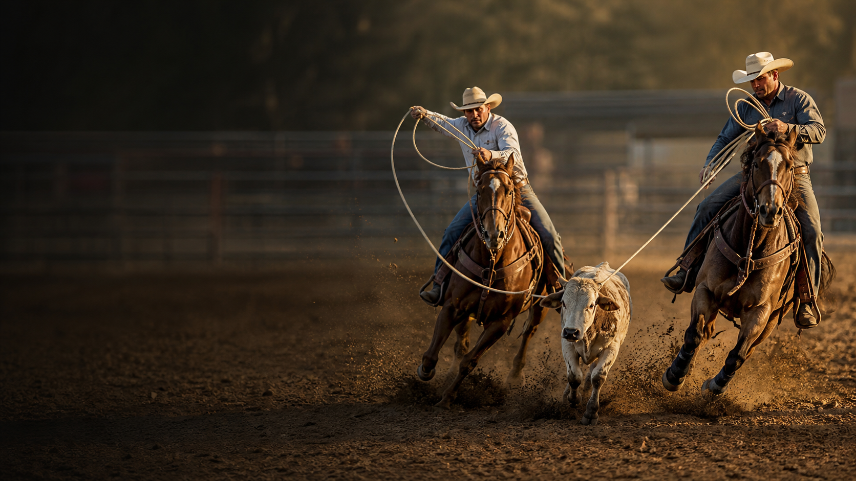 A header and heeler during a Team Roping run.