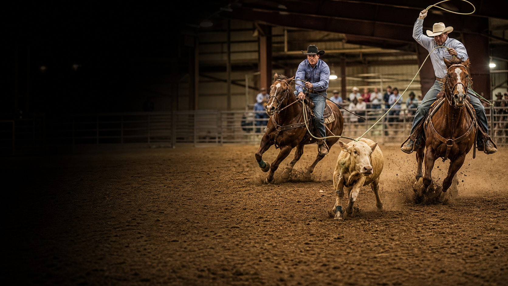 A Team Roping pair competing in a covered arena.
